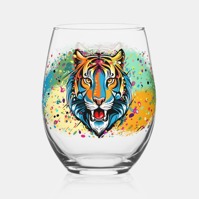 Tiger Head Rainbow colours paint stains Stemless Wine Glass (Front)