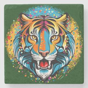Tiger Head Rainbow colours paint stains Stone Coaster