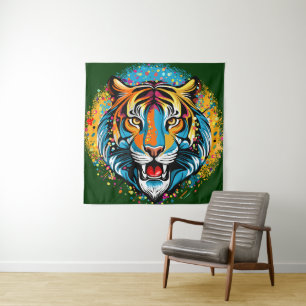 Tiger Head Rainbow colours paint stains Tapestry