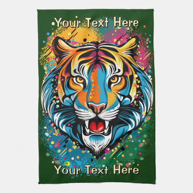 Tiger Head Rainbow colours paint stains Tea Towel (Vertical)