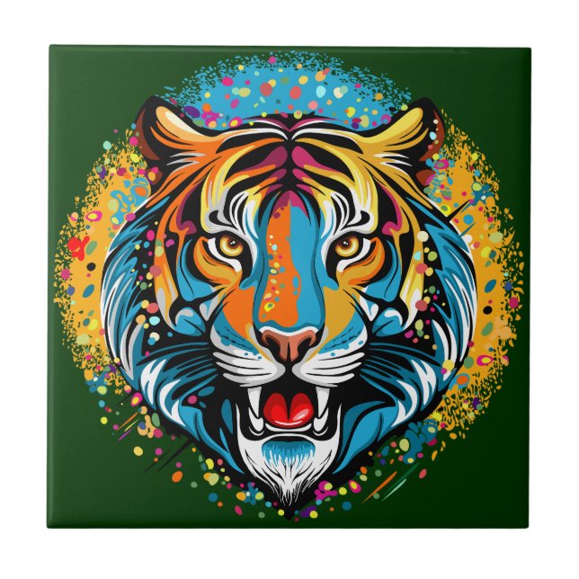 Tiger Head Rainbow colours paint stains Tile (Front)
