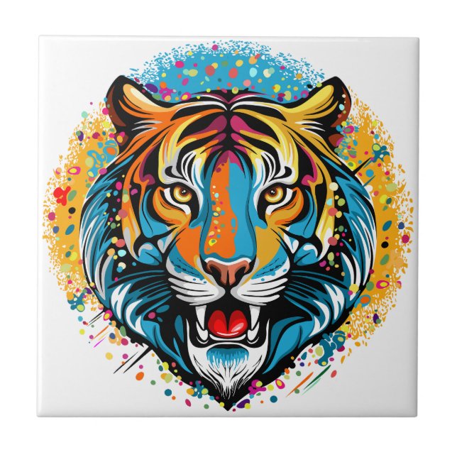Tiger Head Rainbow colours paint stains Tile (Front)