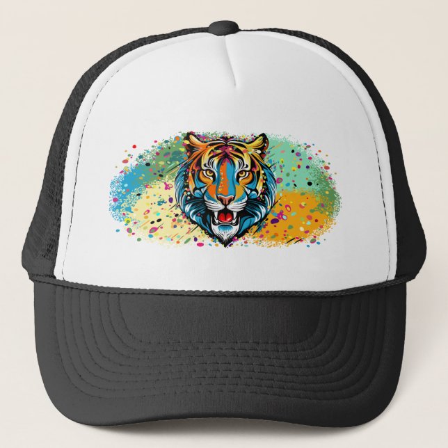Tiger Head Rainbow colours paint stains Trucker Hat (Front)