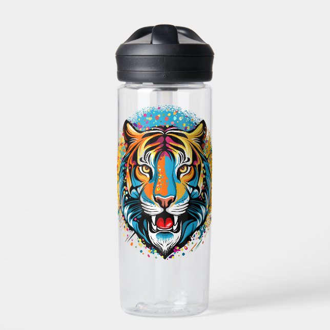 Tiger Head Rainbow colours paint stains Water Bottle (Front)