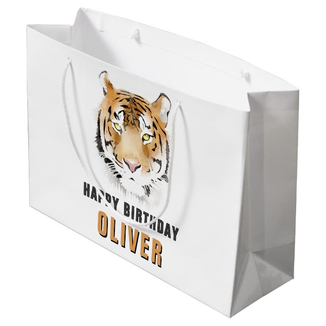 Tiger Head Watercolor Animal Happy Birthday Large Gift Bag (Back Angled)