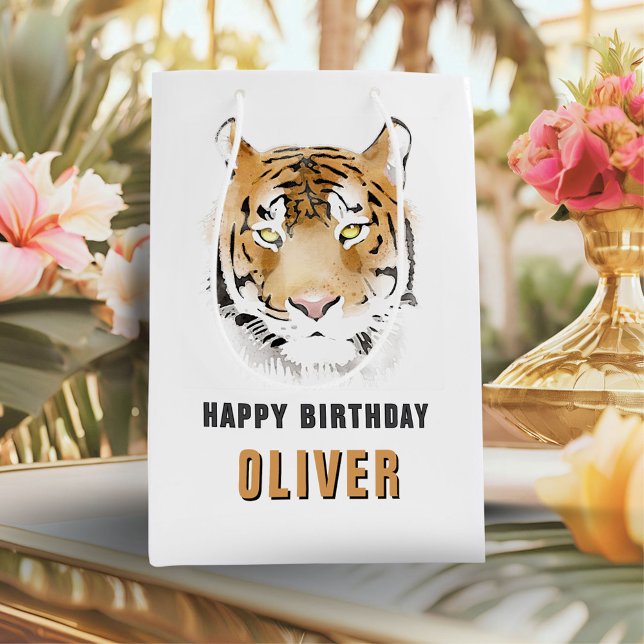 Tiger Head Watercolor Animal Happy Birthday Medium Gift Bag (Creator Uploaded)