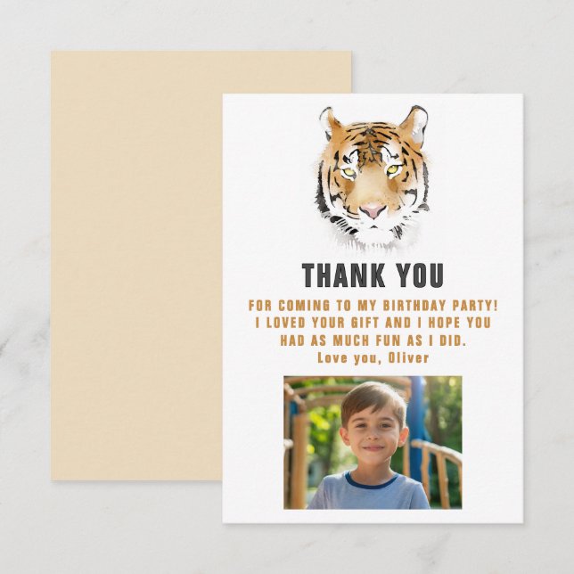 Tiger Head Watercolor Birthday Photo Thank You Card (Front/Back)