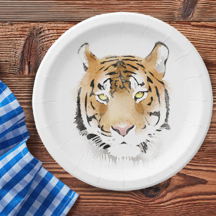 Tiger Head Watercolor Drawing Paper Plate