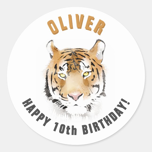Tiger Head Watercolor Name Birthday  Classic Round Sticker (Front)