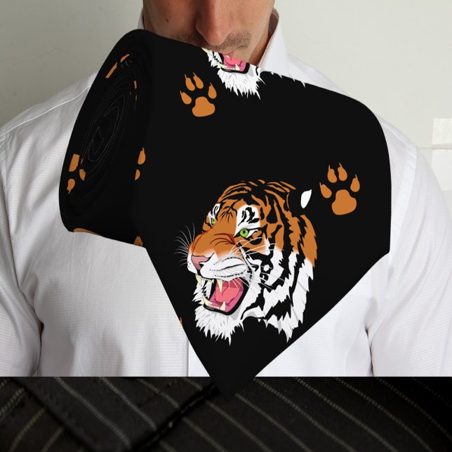 Tiger Head With Paw Prints On Black Necktie (Creator Uploaded)