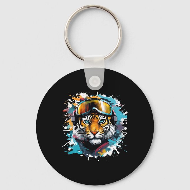 Tiger Head With Ski Goggles Skiing Snowboarding  Key Ring (Front)