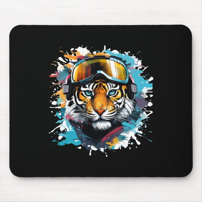 Tiger Head With Ski Goggles Skiing Snowboarding  Mouse Mat (Front)