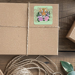 Tiger Henna Pink Purple Flowers Bookplate Square Sticker