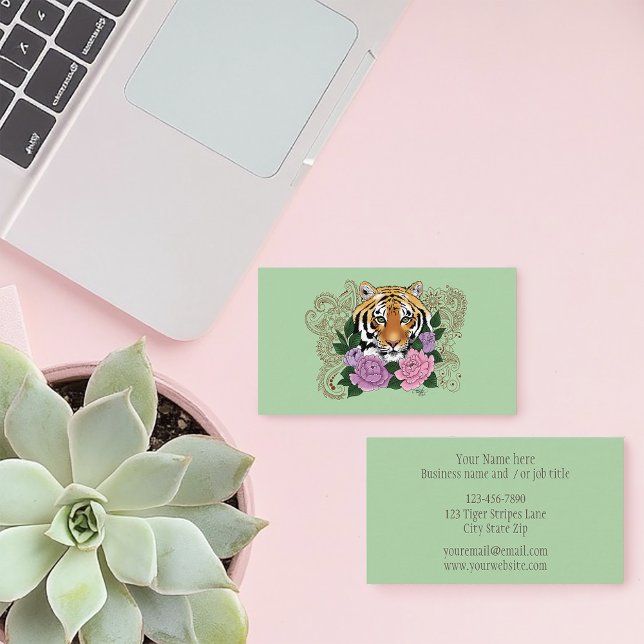 Tiger Henna Pink Purple Flowers Business Card (Creator Uploaded)