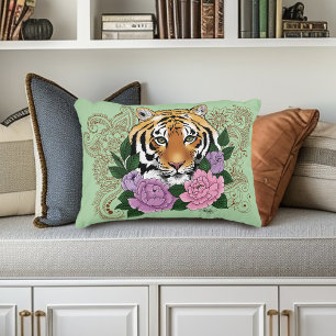 Tiger Henna Pink Purple Flowers Decorative Cushion