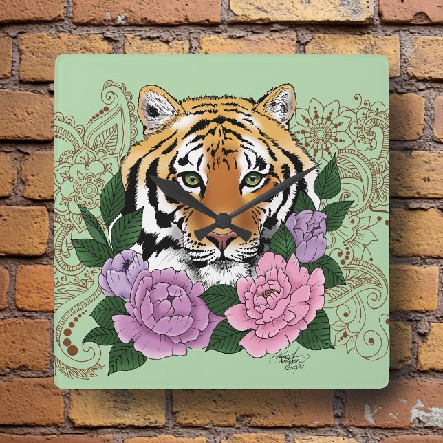 Tiger Henna Pink Purple Flowers Square Wall Clock (Creator Uploaded)