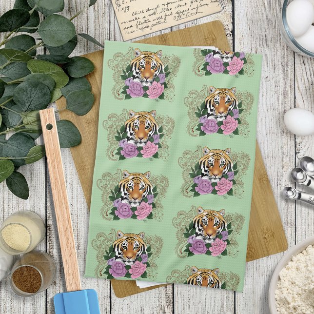 Tiger Henna Pink Purple Flowers Tea Towel (Creator Uploaded)