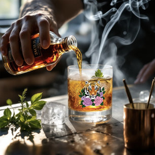 Tiger Henna Pink Purple Flowers Whiskey Glass