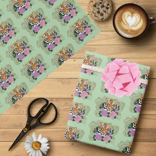 Tiger Henna Pink Purple Flowers Wrapping Paper