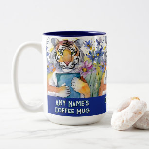 Tiger Holding Big Book   Any Name   Slogan Two-Tone Coffee Mug