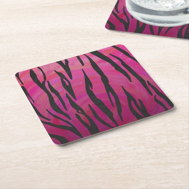 Tiger Hot Pink and Black Print Square Paper Coaster (Angled)