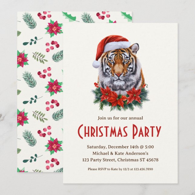 Tiger in a Santa Hat Wild Safari Christmas Party  Invitation (Front/Back)