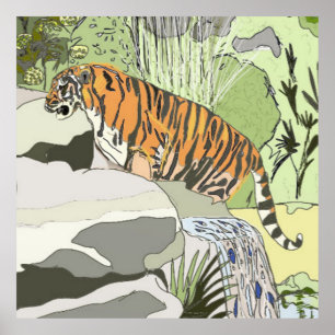 Tiger In a Waterfall Poster