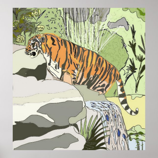 Tiger In a Waterfall Poster (Front)