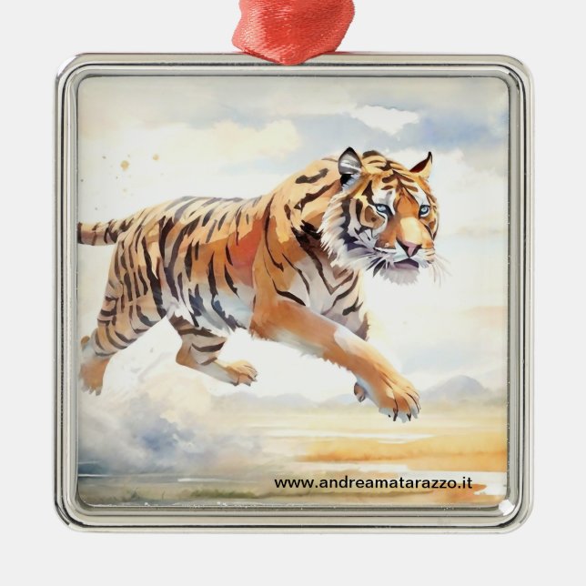 Tiger in Action Metal Tree Decoration (Front)