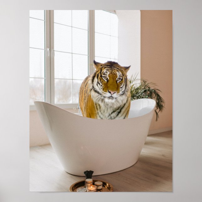 Tiger in Bathtub Black White Bathroom art Poster (Front)