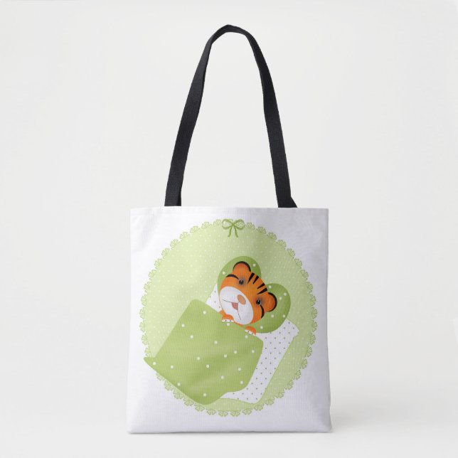 Tiger in bed illustration kids childish print tote bag (Front)