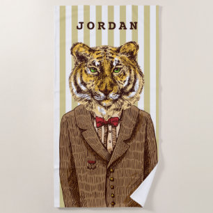 Tiger In Evening Wear   Add Your Name Beach Towel