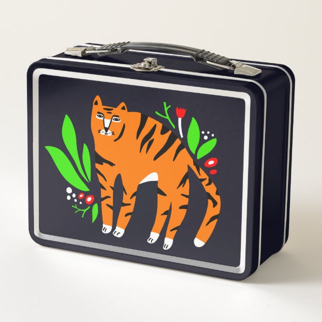 Tiger in flowers metal lunch box (Front)