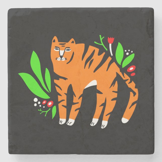 Tiger in flowers stone coaster (Front)