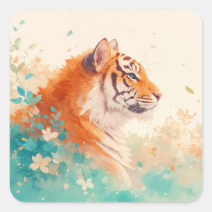 Tiger in Lush Pastel Botanical Flower Garden Square Sticker