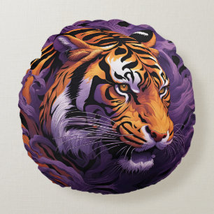 Tiger in purple round cushion