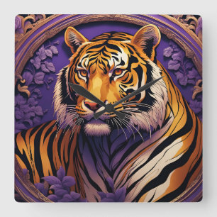 Tiger in purple square wall clock