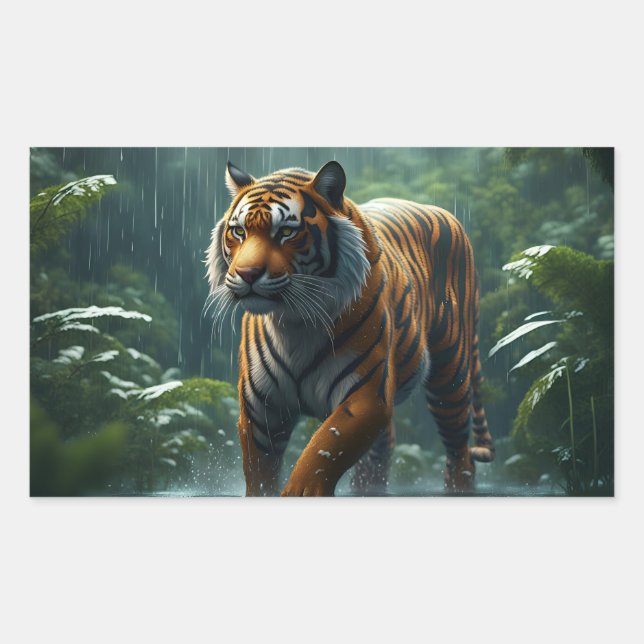 Tiger In Rainy Jungle Rectangular Sticker (Front)