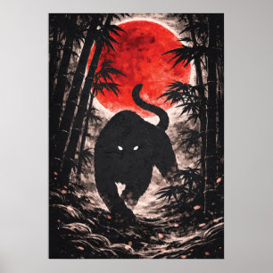 Tiger In Red Moon Forest - Japanese Animal Art Poster