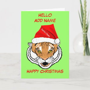 Tiger in Santa Hat customize Christmas Card