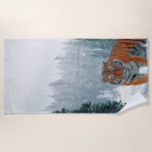 tiger in the snow beach towel