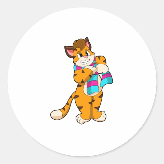 Tiger in Winter with Scarf Classic Round Sticker (Front)
