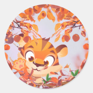 Tiger inside Flying Leaves In Fall On Lavender Sky Classic Round Sticker