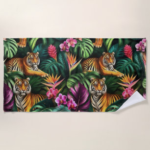 Tiger Jungle Dreams Seamless Surface Pattern Beach Towel
