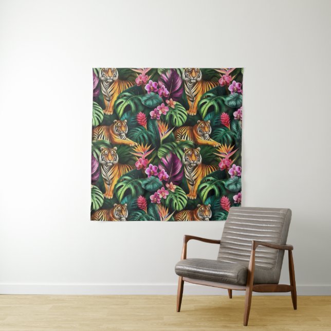 Tiger Jungle Dreams Seamless Surface Pattern Tapestry (In Situ)