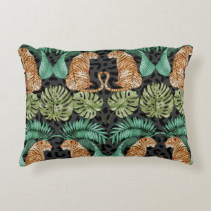 Tiger Leaves: Watercolor Jungle Seamless. Decorative Cushion