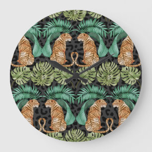 Tiger Leaves: Watercolor Jungle Seamless. Large Clock
