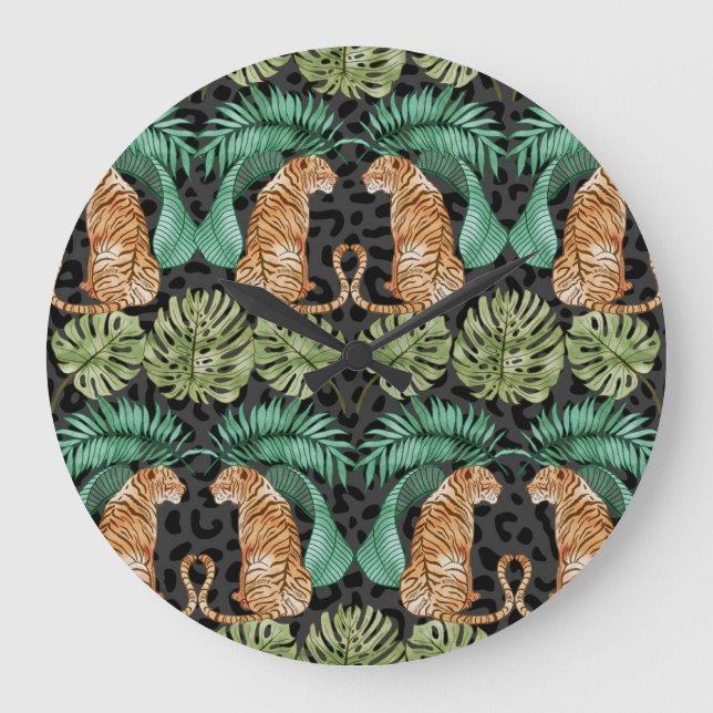 Tiger Leaves: Watercolor Jungle Seamless. Large Clock (Front)