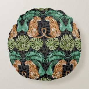 Tiger Leaves: Watercolor Jungle Seamless. Round Cushion