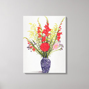 Tiger Lilies Gladioli and Scabious in a Blue Canvas Print
